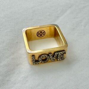 TORY BURCH Crystal 'LOVE' Gold Band Ring